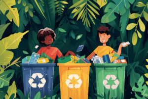 separating recyclables from trash into different bins next to an eco-friendly dumpster