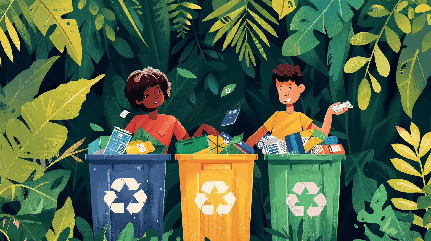 separating recyclables from trash into different bins next to an eco-friendly dumpster